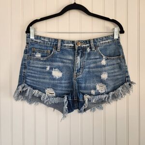 FREE PEOPLE Medium Blue Wash Distressed Cut Off Denim Jean Shorts 27